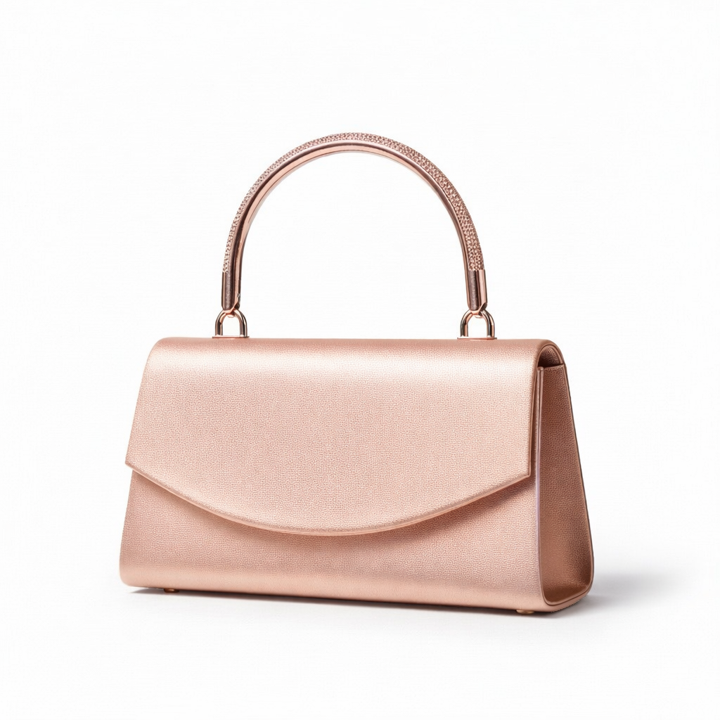 Clutch de noche oro rosado mate con solapa curva y asa rígida plateada tipo pavé – DALALI
