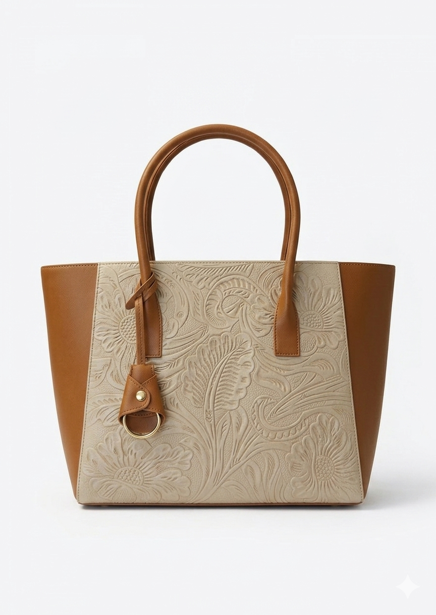 Bolsa tote con grabado floral en relieve, llavero y herrajes dorados, marca DALALI, 33x26x15 cm