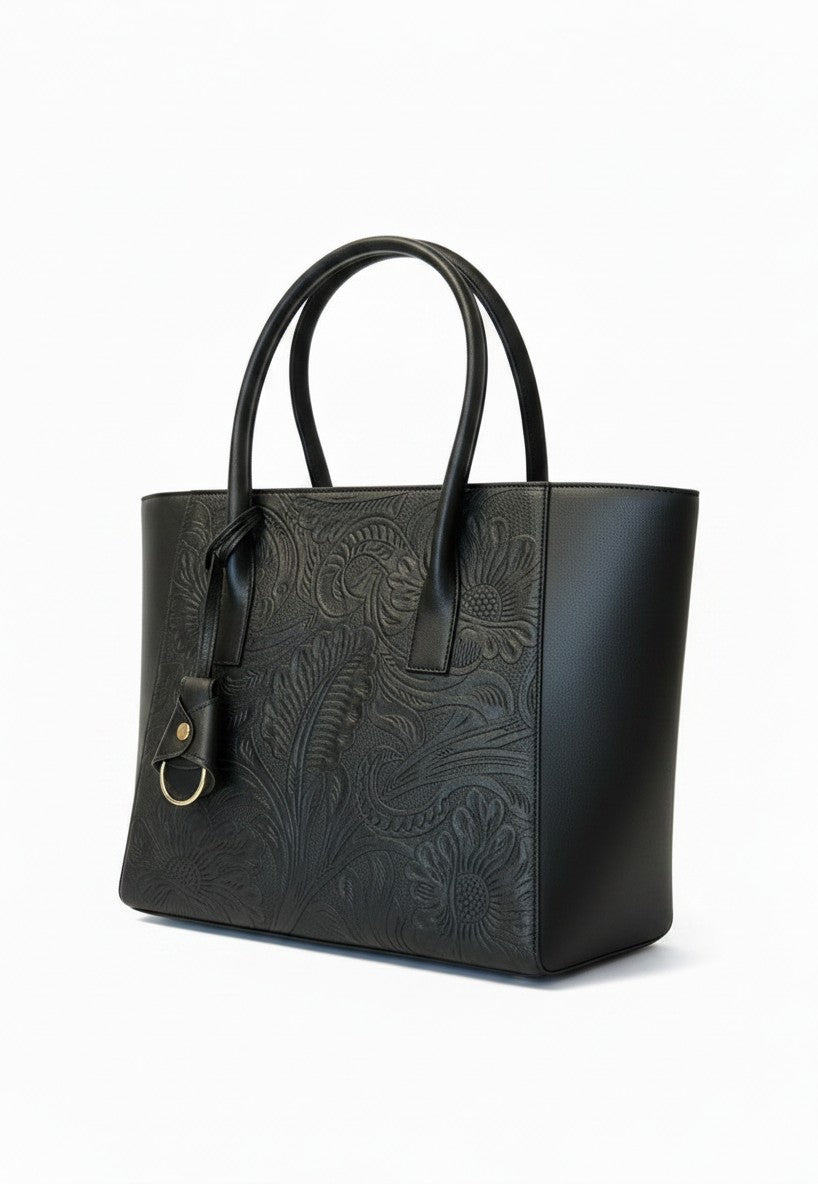 Bolsa tote con grabado floral en relieve, llavero y herrajes dorados, marca DALALI, 33x26x15 cm