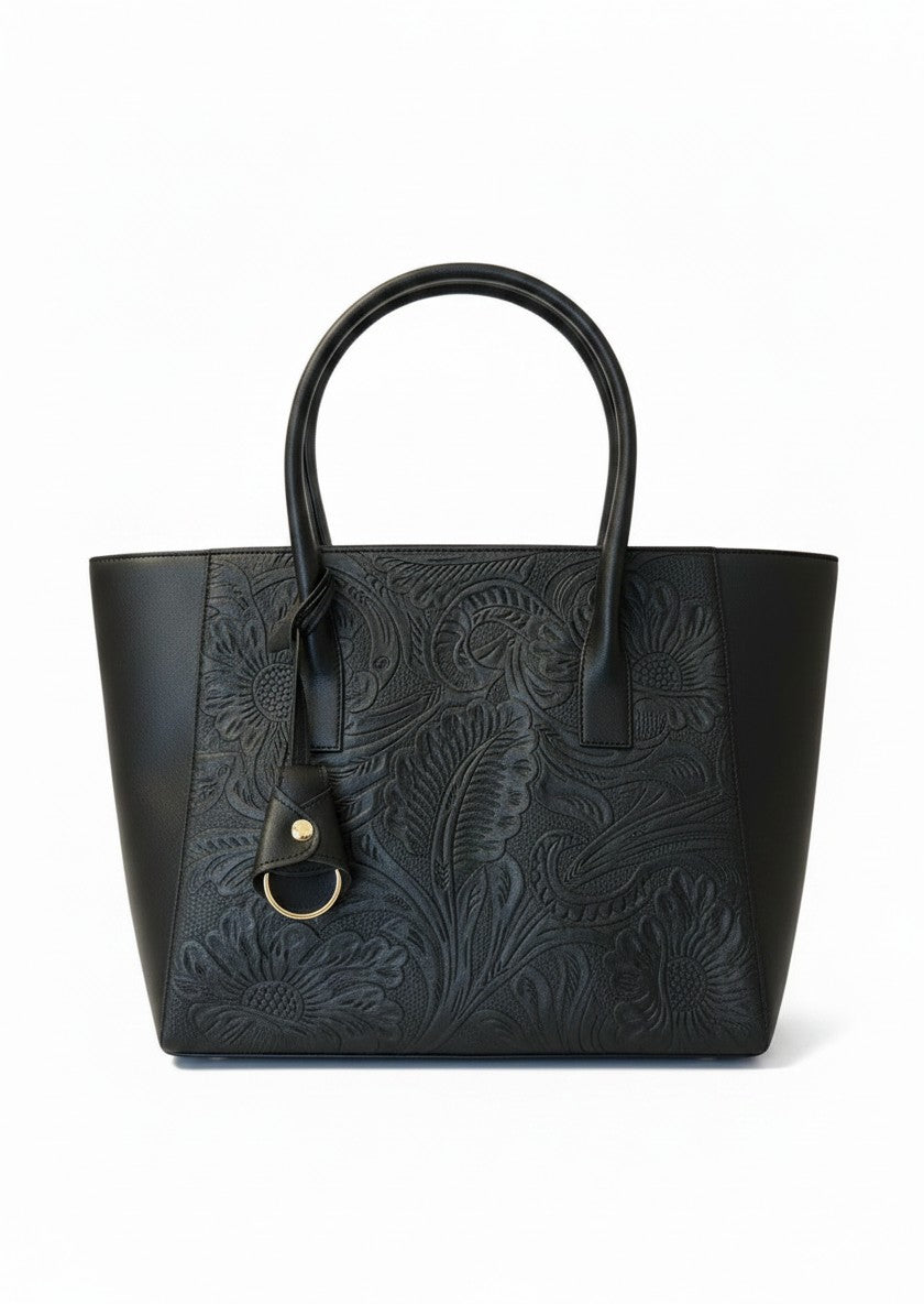 Bolsa tote con grabado floral en relieve, llavero y herrajes dorados, marca DALALI, 33x26x15 cm