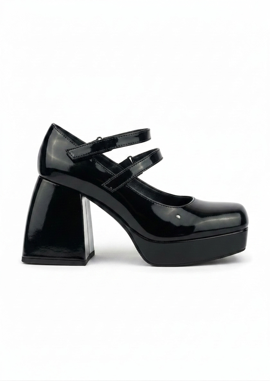 Mary Jane plataforma charol negro tacón bloque alto tira velcro – PAULA