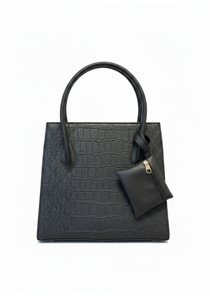 Bolsa de mano negra textura cocodrilo estructurada con monedero y herrajes dorados, marca DALALI, 30x35x15 cm