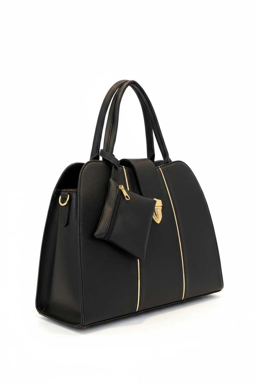 LORETO – Bolsa negra estructurada con broche dorado y monedero