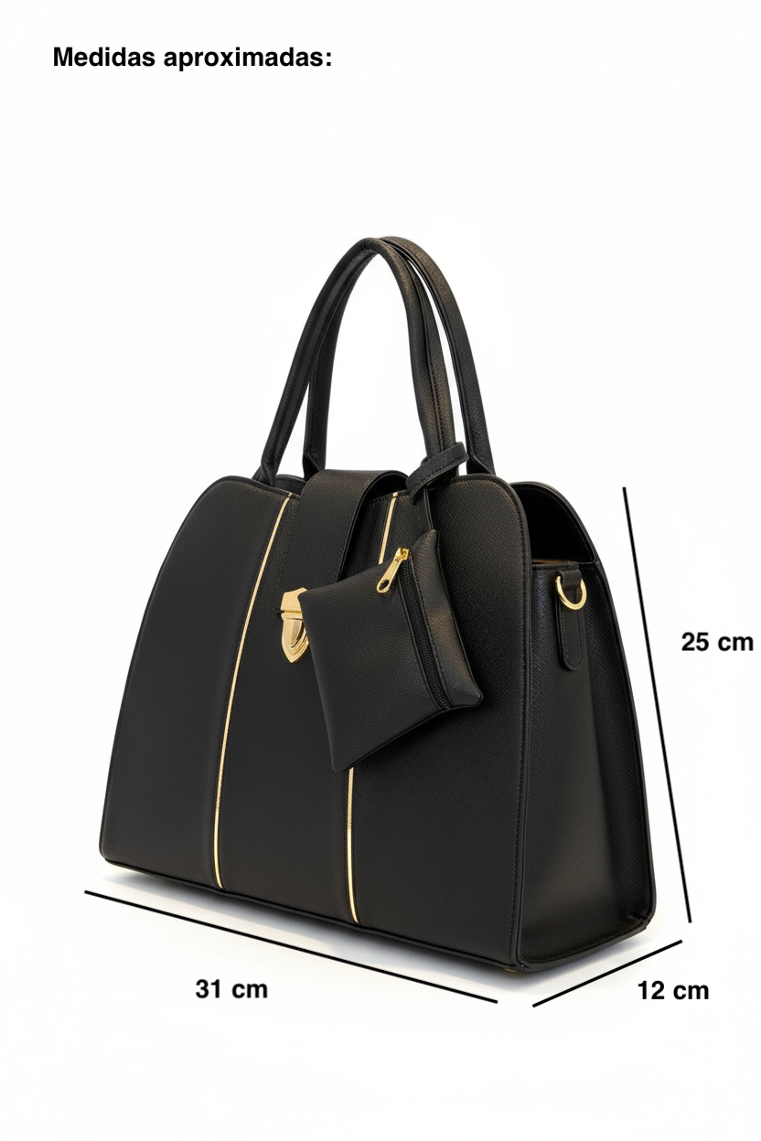 LORETO – Bolsa negra estructurada con broche dorado y monedero