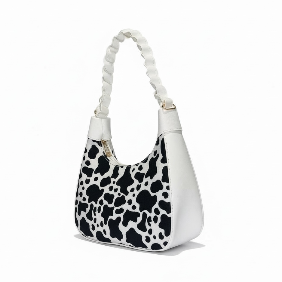 AMBER - Bolsa mini de forma media luna con asa trenzada y estampado animal print