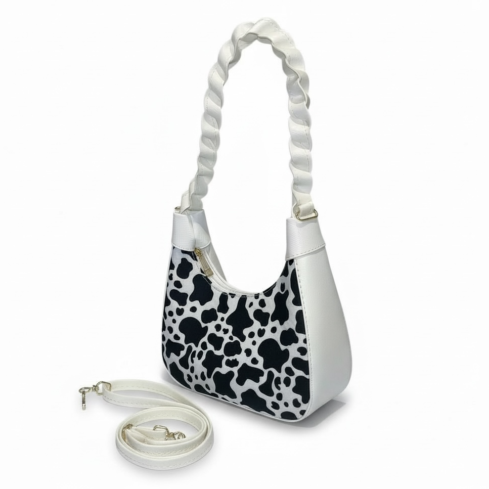 AMBER - Bolsa mini de forma media luna con asa trenzada y estampado animal print