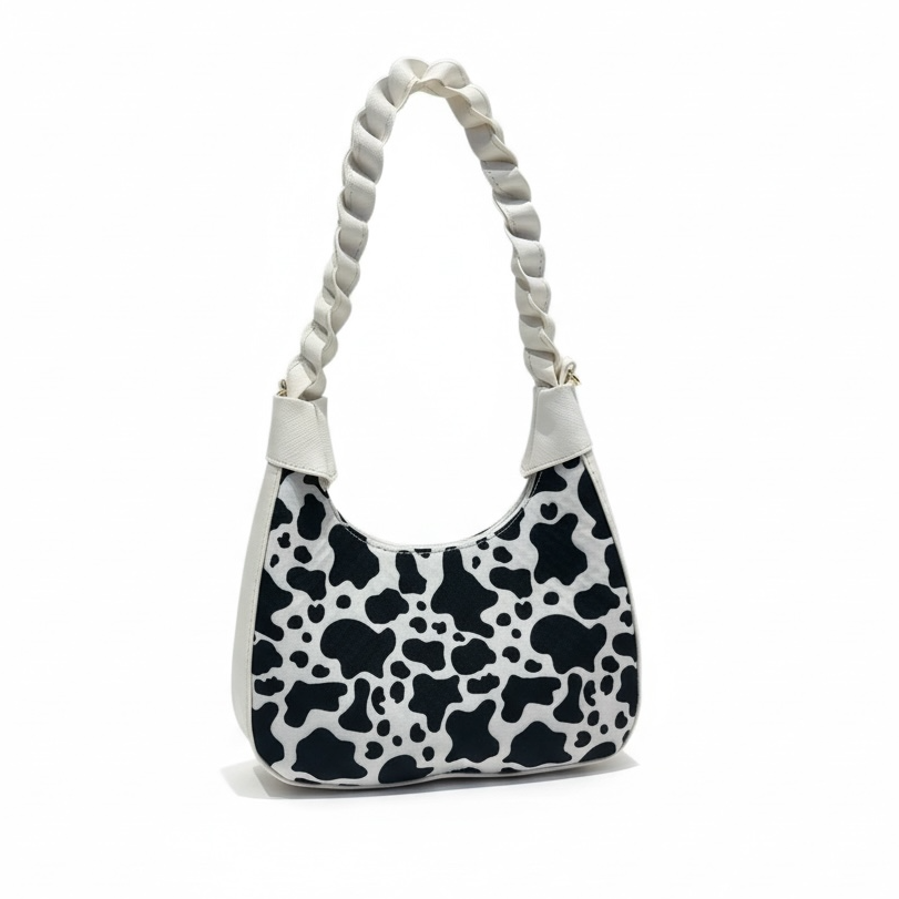 AMBER - Bolsa mini de forma media luna con asa trenzada y estampado animal print