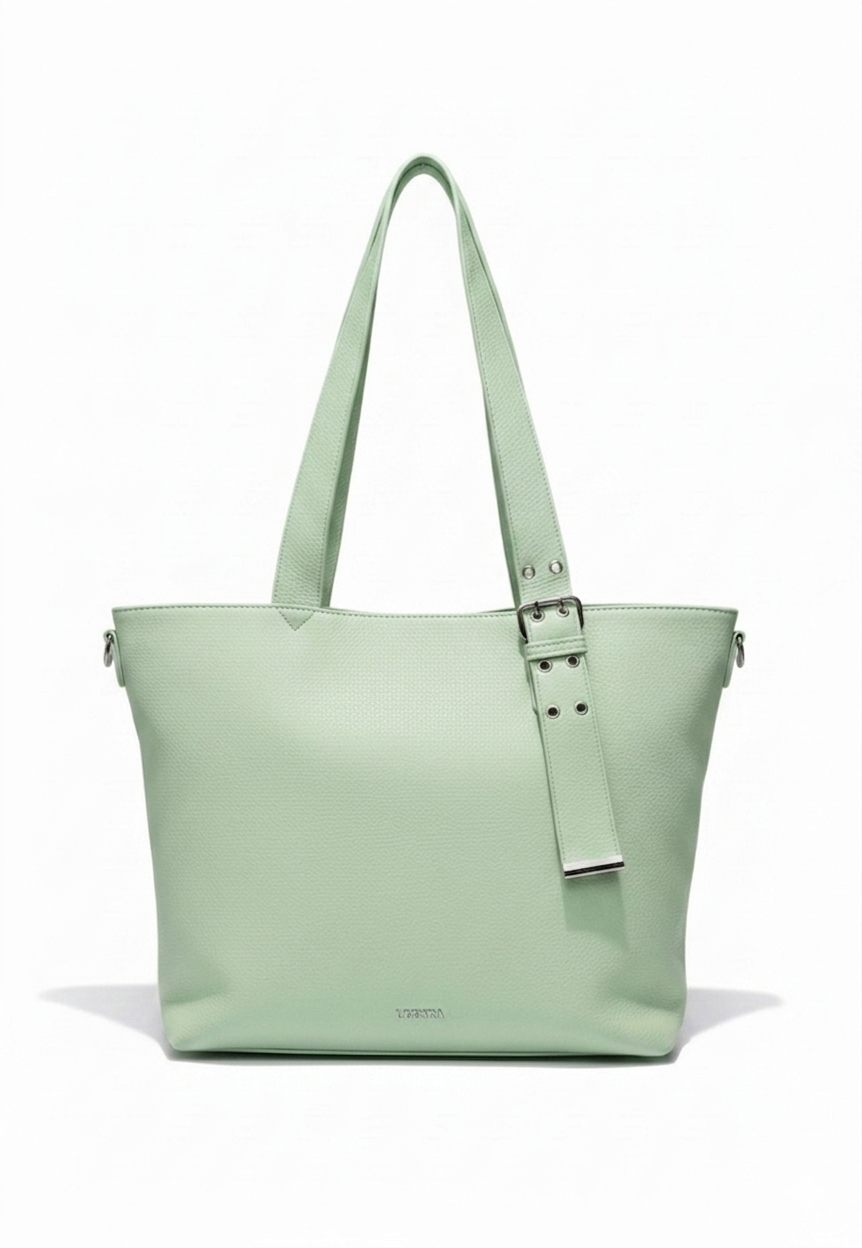 Bolso tote grande verde de cuero sintetico pebbled con herrajes plateados y correa desmontable, DALALI