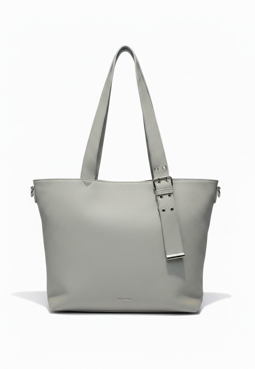 Bolso tote grande azul de cuero sintetico pebbled con hebilla plateada y correa desmontable, DALALI