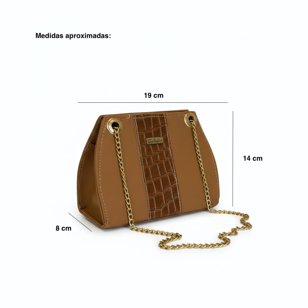 RÉTINO - Bolsa mini estructurada con detalle central tipo cocodrilo y cadena dorada