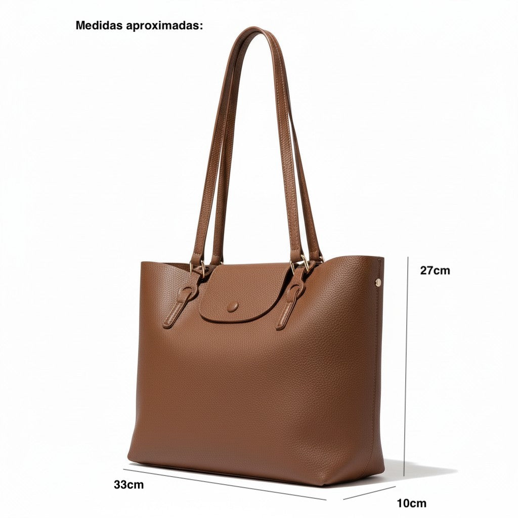 Bolsa tote de hombro textura pebbled con solapa y botón dorado, grande y estructurada – DALALI