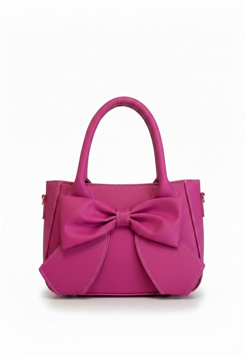 Bolsa mini mujer fuchsia con moño oversize frontal, asas rígidas y correa desmontable – DALALI