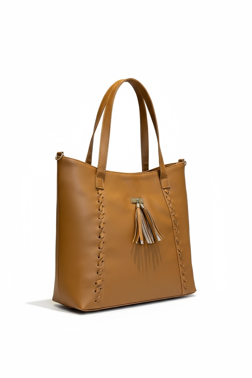 SANTORINI – Bolsa grande tipo tote en tono café con detalle calado y colgante decorativo