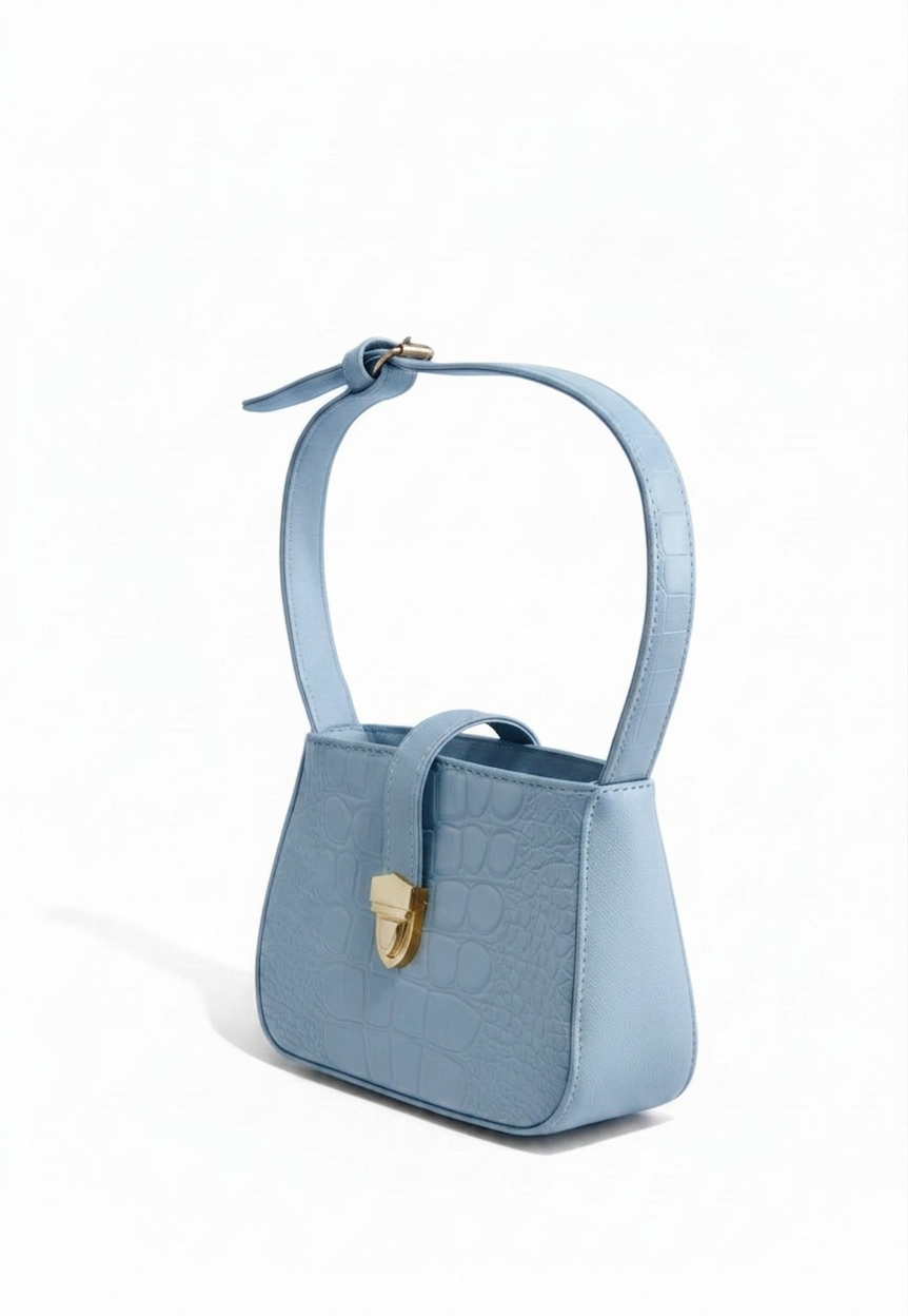 Bolsa de hombro mini azul textura cocodrilo con cierre push-lock dorado, marca DALALI, 20x14x9.5 cm