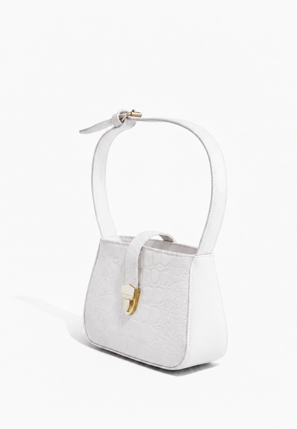 Bolsa de hombro mini blanco textura cocodrilo con cierre push-lock dorado, marca DALALI, 20x14x9.5 cm