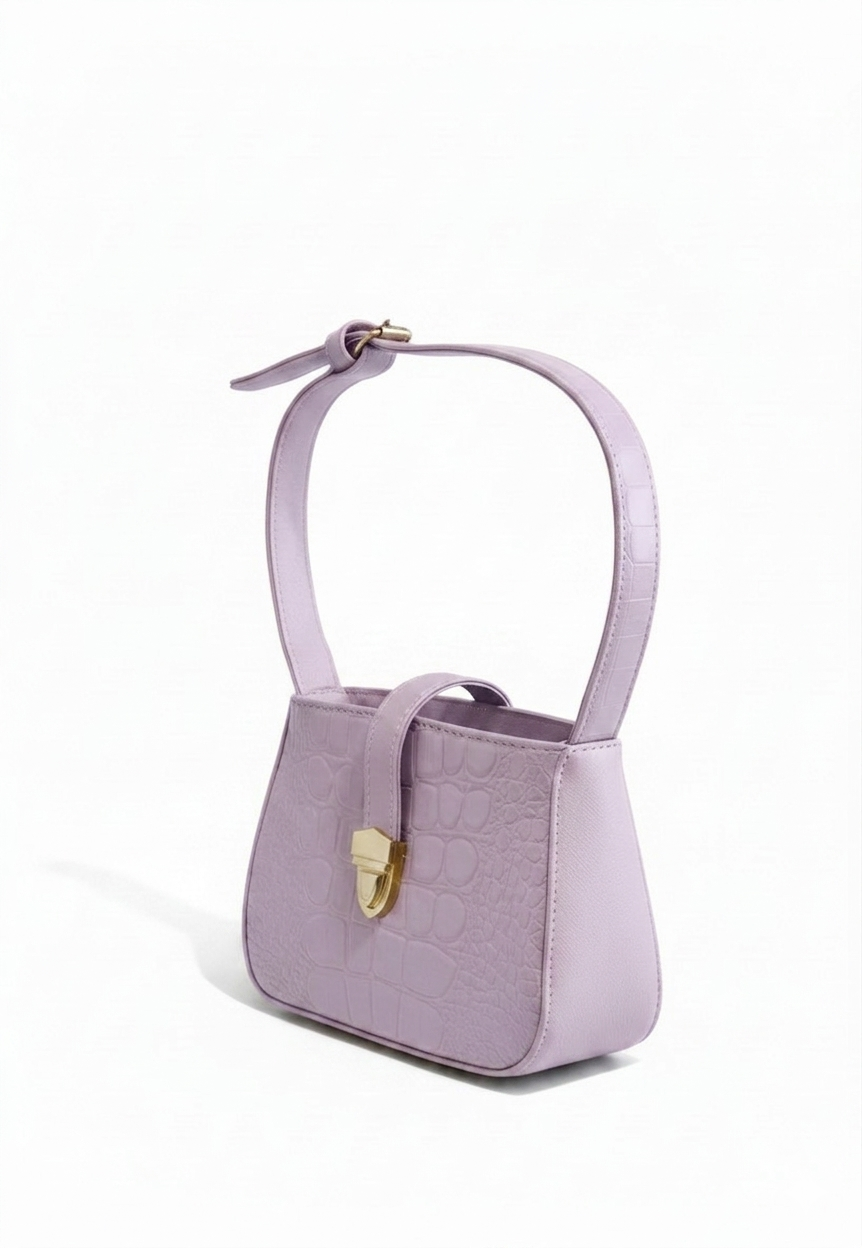 Bolsa de hombro mini lila textura cocodrilo con cierre push-lock dorado, marca DALALI, 20x14x9.5 cm
