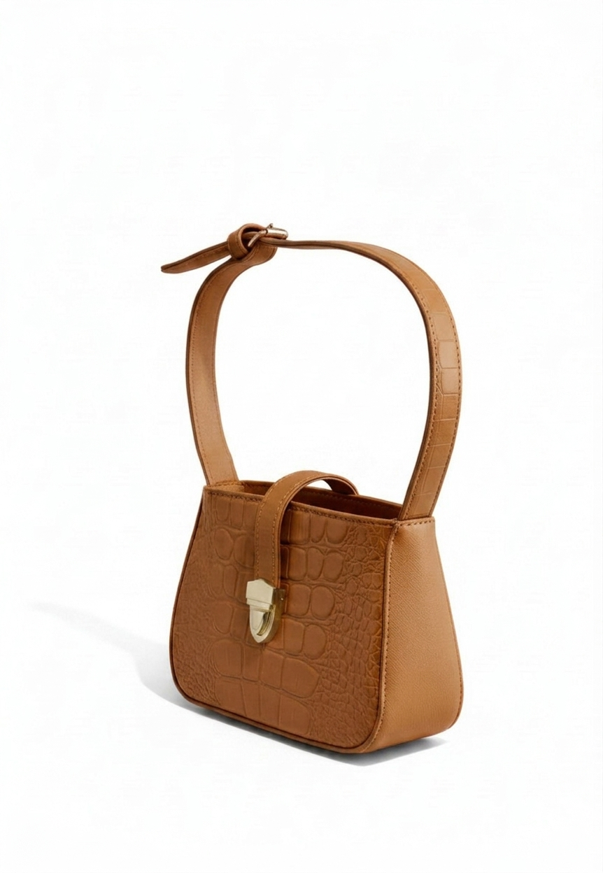 Bolsa de hombro mini marròn textura cocodrilo con cierre push-lock dorado, marca DALALI, 20x14x9.5 cm