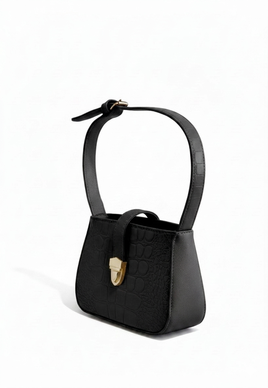Bolsa de hombro mini negro textura cocodrilo con cierre push-lock dorado, marca DALALI, 20x14x9.5 cm