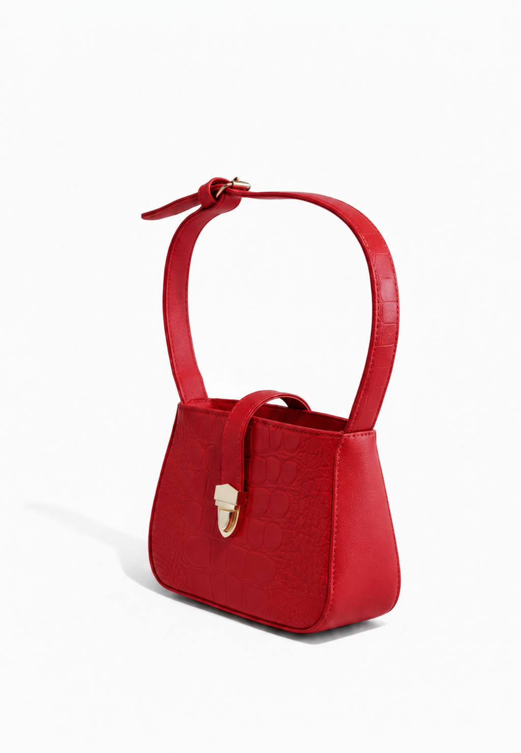 Bolsa de hombro mini rojo textura cocodrilo con cierre push-lock dorado, marca DALALI, 20x14x9.5 cm