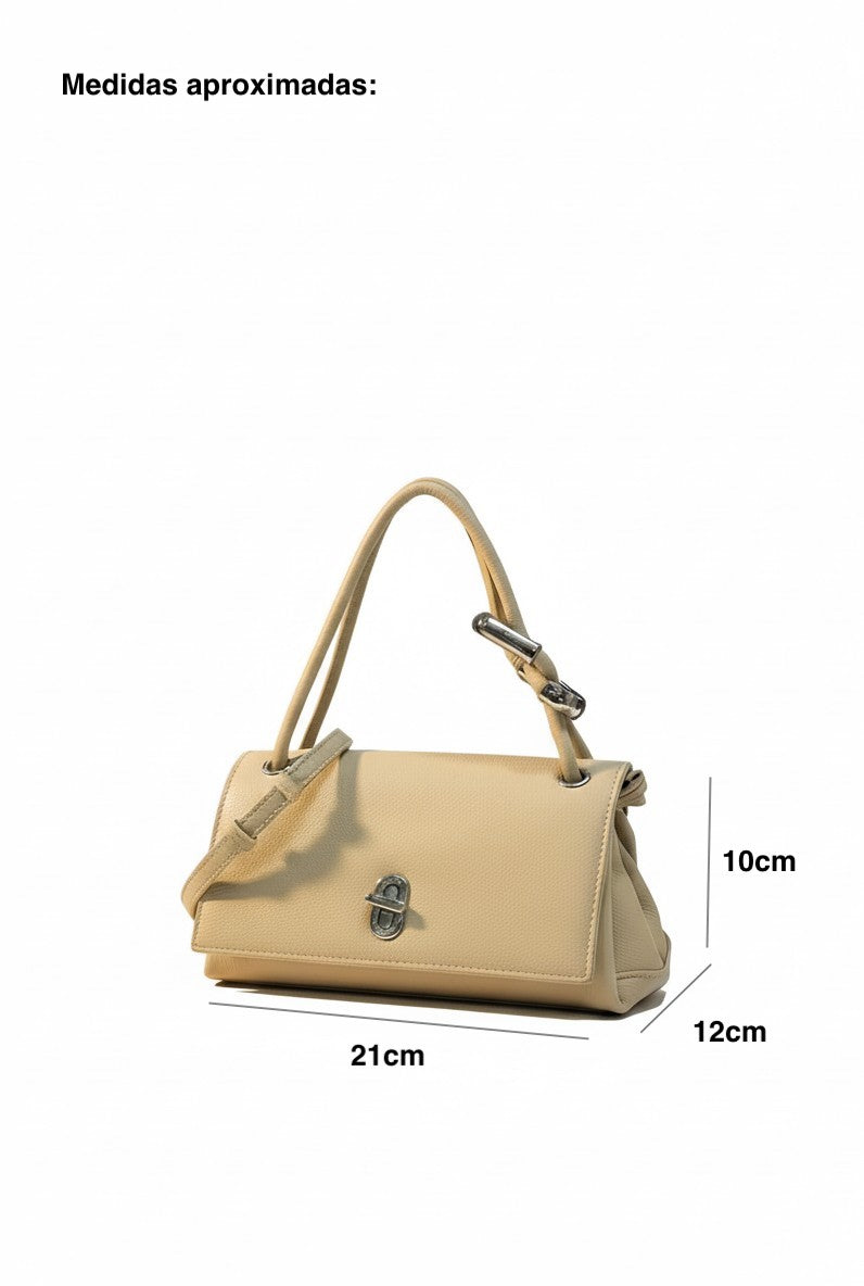 Mini bolsa de mano beige café east-west con solapa y broche giratorio plateado – DALALI