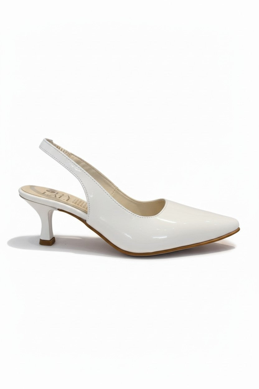 Zapatilla slingback charol negro punta fina con tacón stiletto 6 cm, marca DALALI, tallas 23 a 26