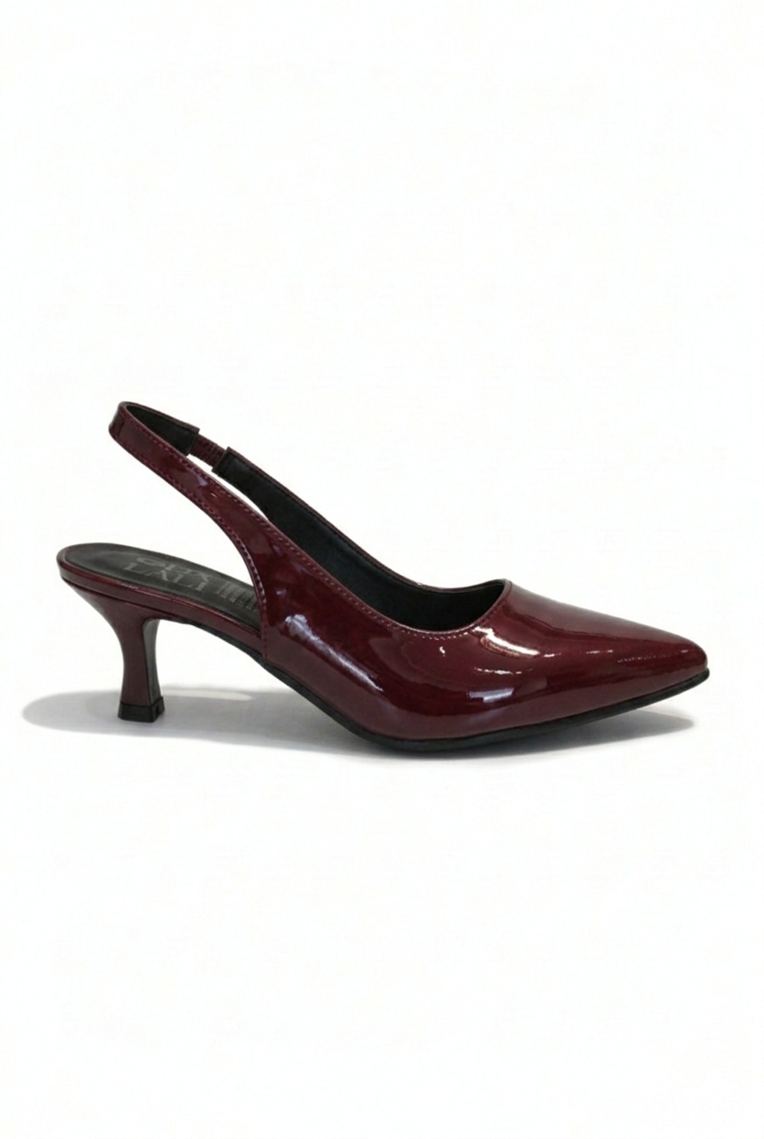 Zapatilla slingback charol negro punta fina con tacón stiletto 6 cm, marca DALALI, tallas 23 a 26