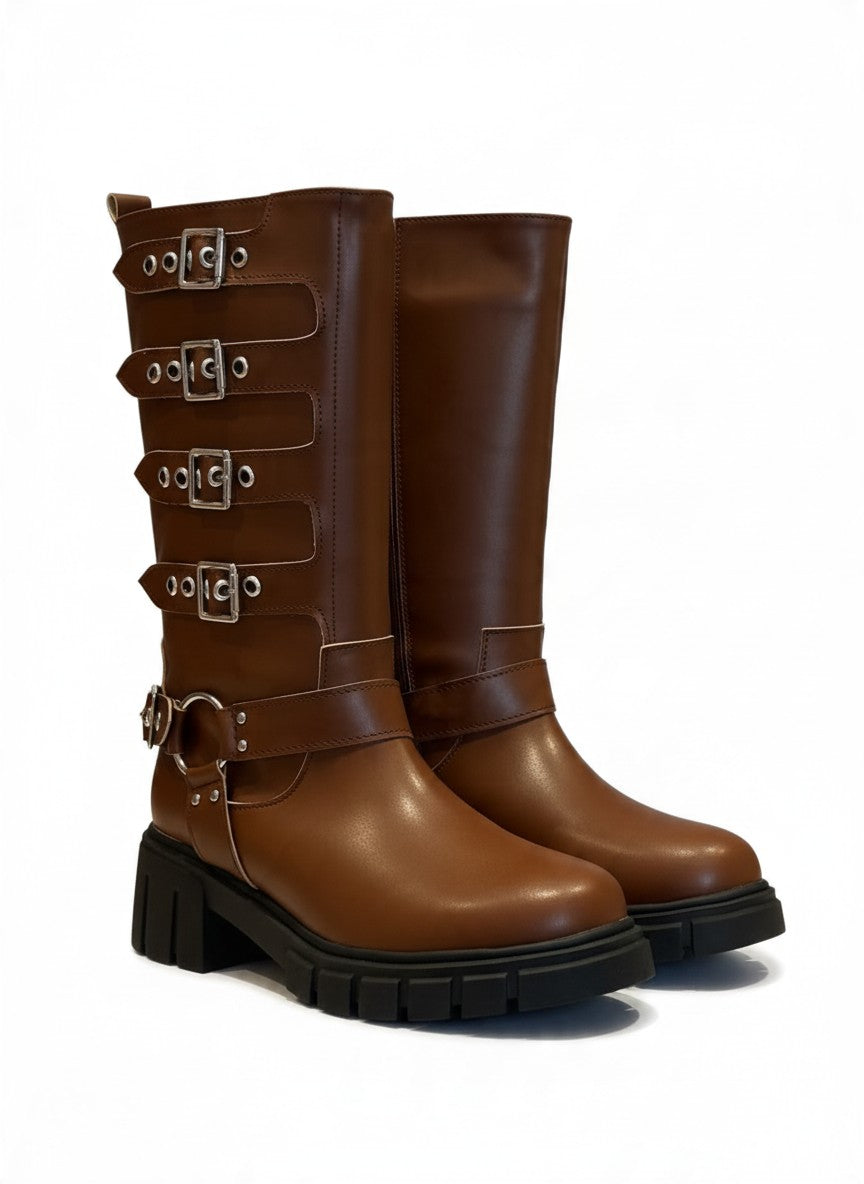 Bota alta estilo biker para mujer con hebillas y plataforma – BILBAO
