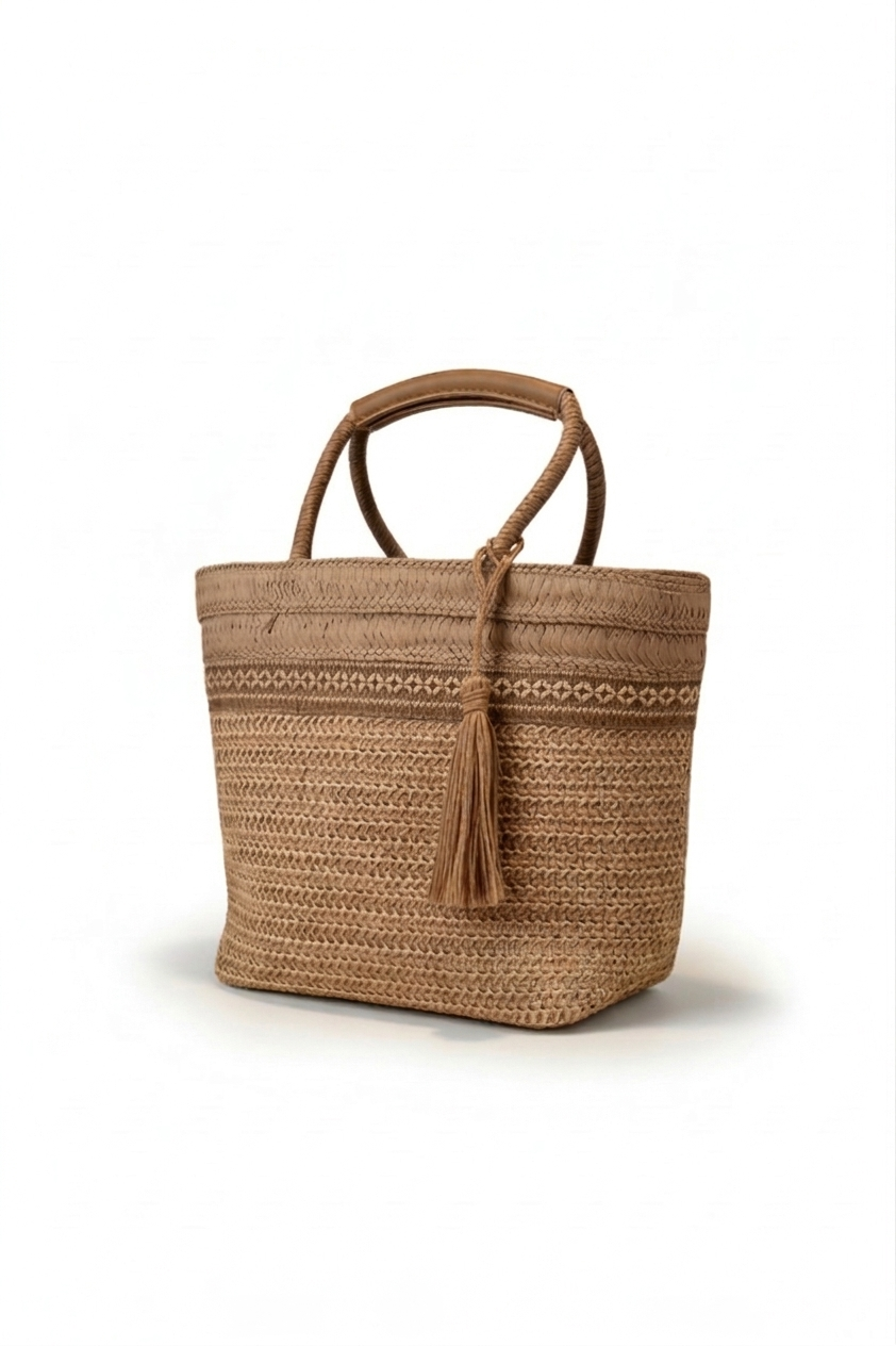 Bolsa tote tejida rafia cafe con patrón geométrico étnico, borla y asa de madera – DALALI