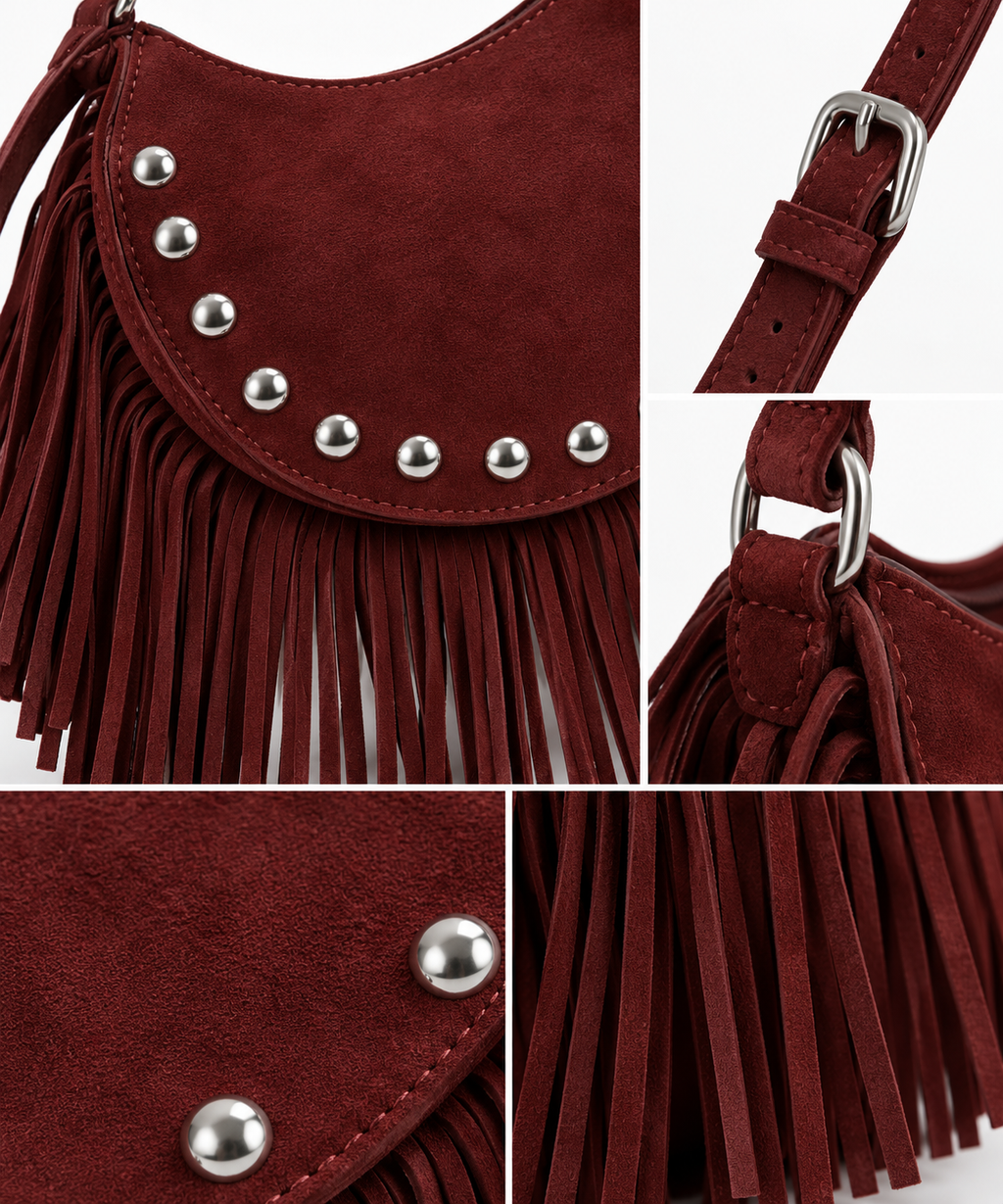 Bolso de hombro con flecos y estoperoles efecto gamuza – DURANGO