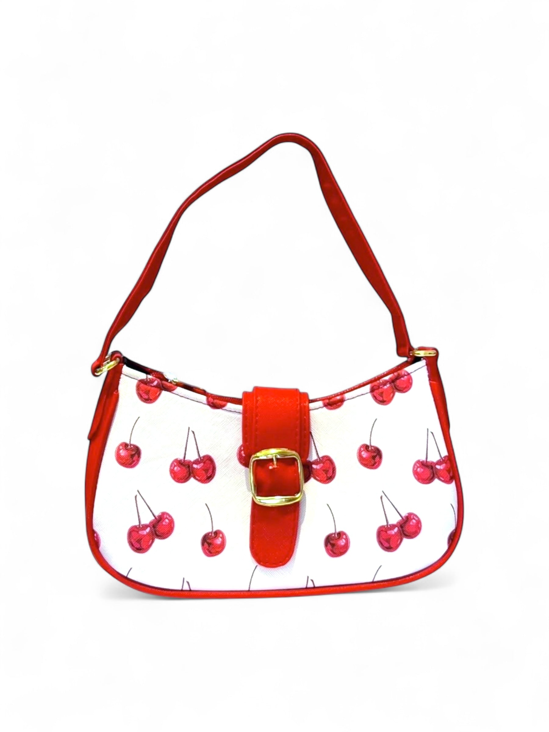 DALALI Bolsa mini tipo hobo con hebilla dorada y estampado de cerezas – disponible con asa roja o negra.