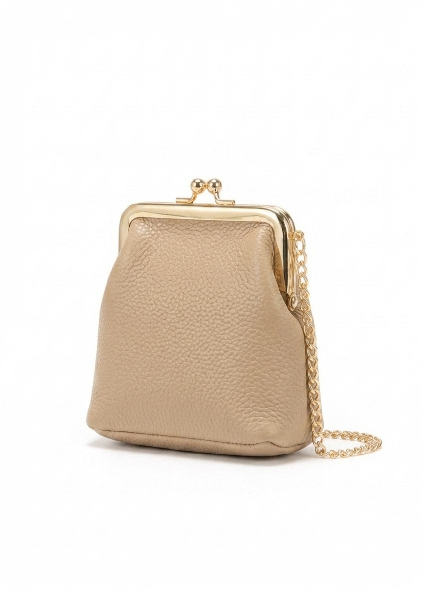 Monedero mujer verde pistache con broche kiss lock dorado, cadena eslabonada y textura pebble – DALALI
