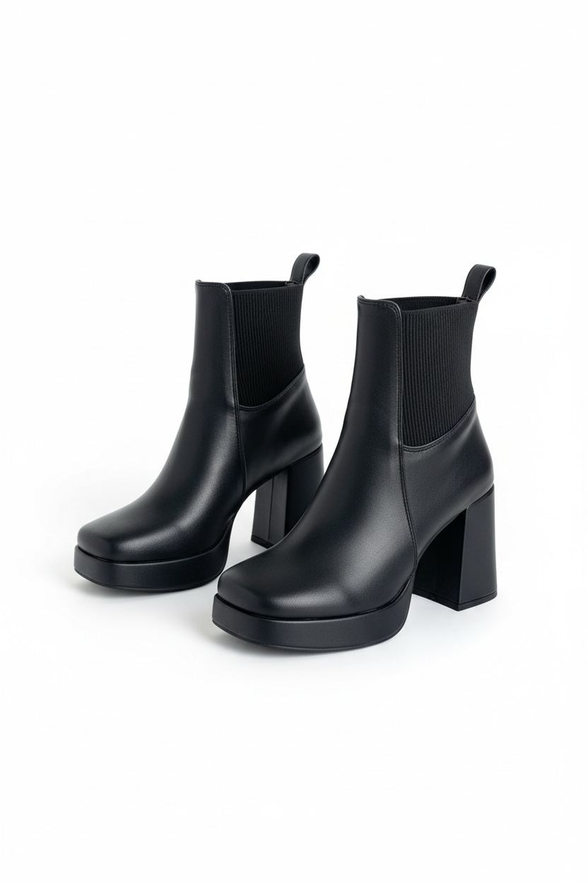 Bota negra chelsea con plataforma 2 cm y tacón bloque 9 cm, punta cuadrada, marca DALALI, tallas 23 a 26
