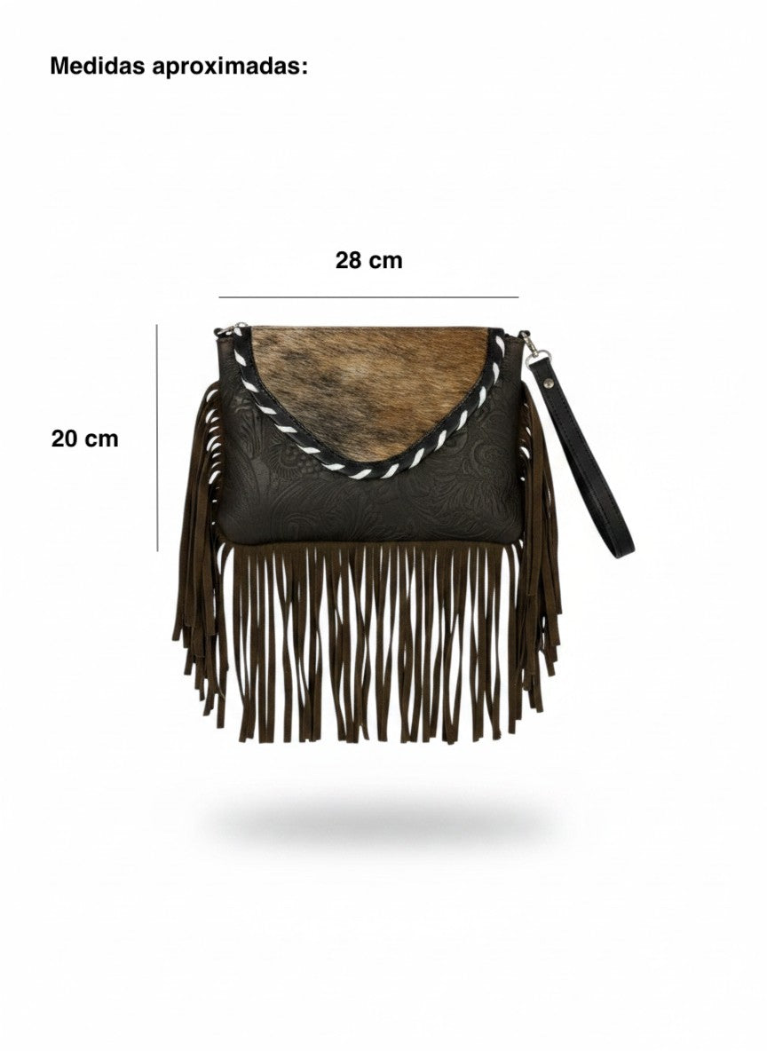 Bolsa de mano 100% piel de flecos con grabado floral – SEDONA
