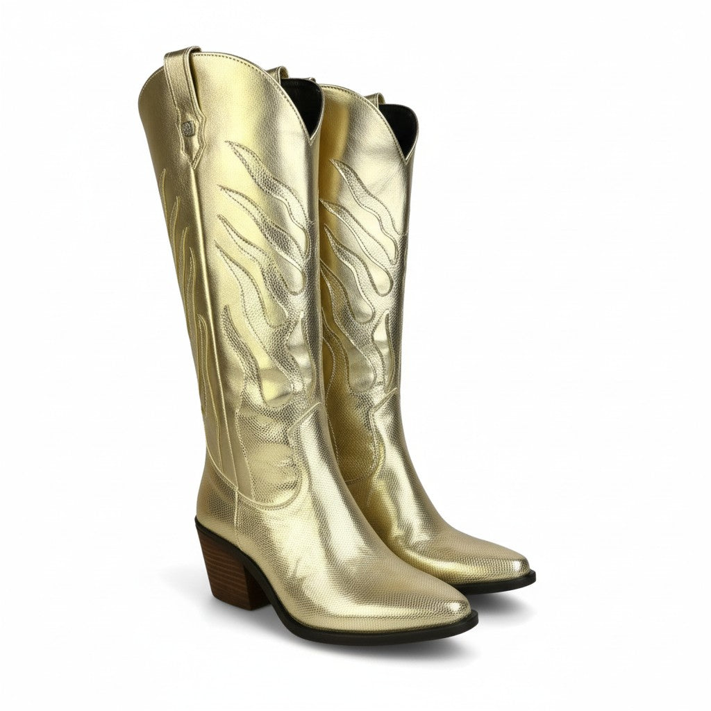 GALAXIA – Bota vaquera metálica con diseño de llamas