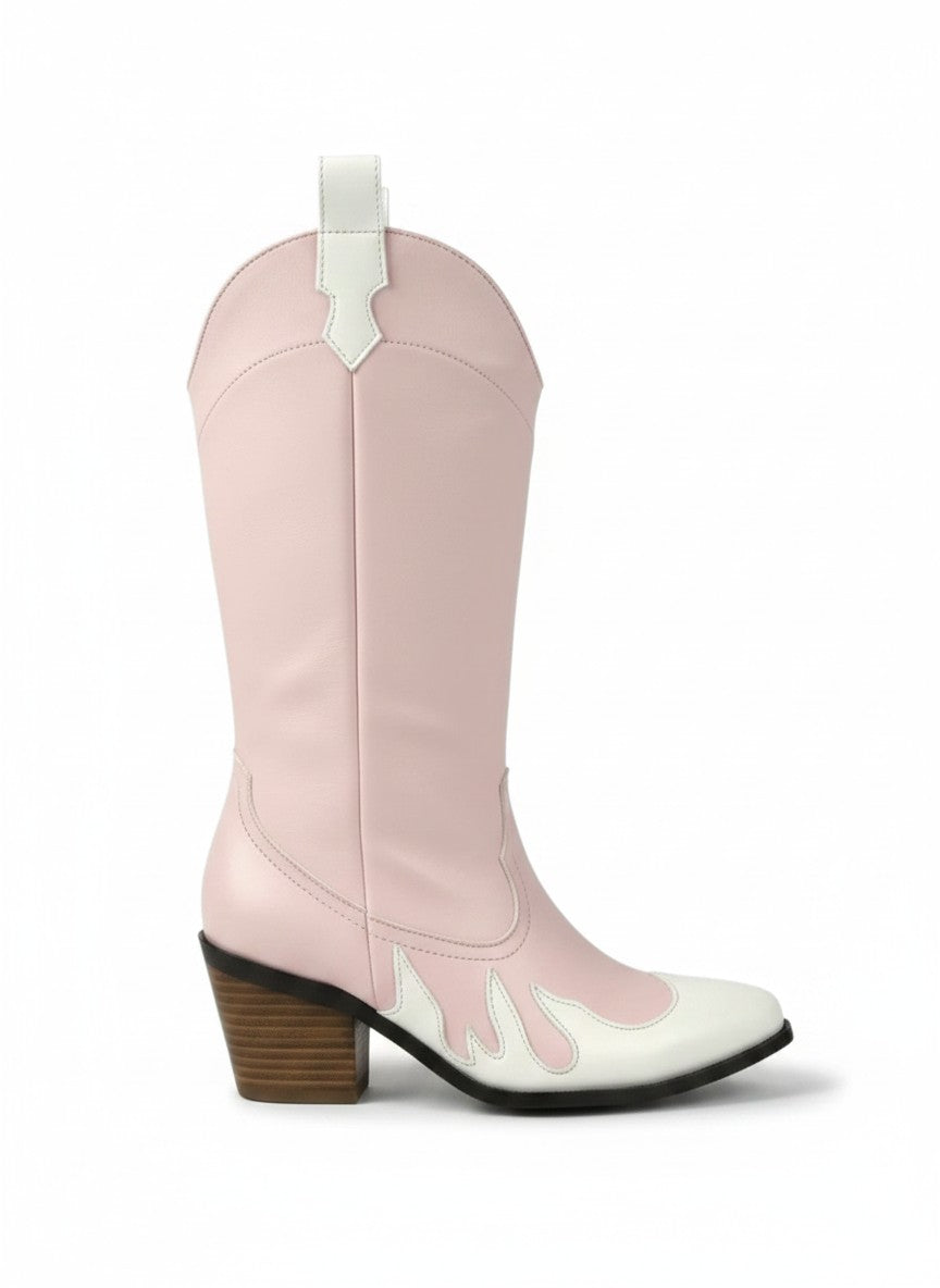 Bota vaquera rosa pastel bicolor con blanco, caña alta y tacón bloque 6.5 cm, marca DALALI, tallas 23 a 26