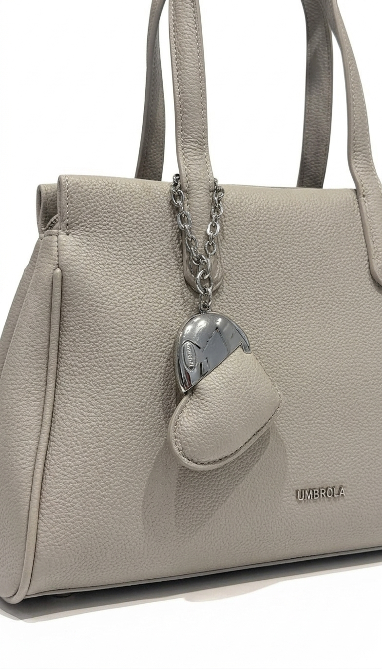 Bolsa de mano gris claro textura grano estructurada con dije decorativo y herrajes dorados – DALALI