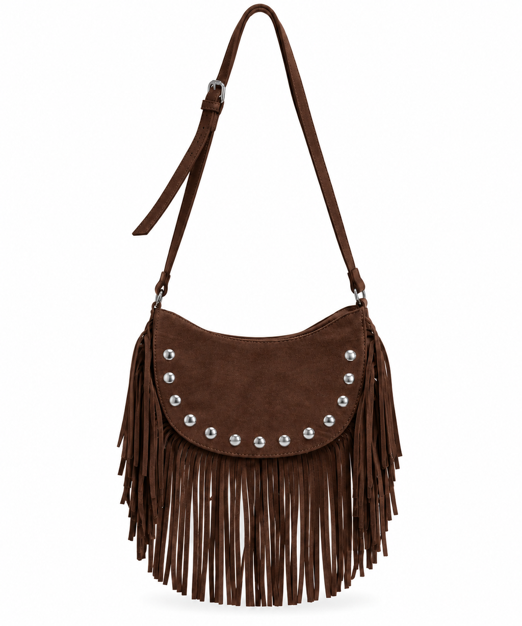 Bolso de hombro con flecos y estoperoles efecto gamuza – DURANGO