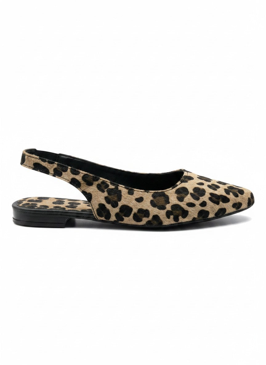 Flat slingback leopardo aterciopelado punta fina color único, tacón bajo 1 cm, marca DALALI, tallas 23 a 26