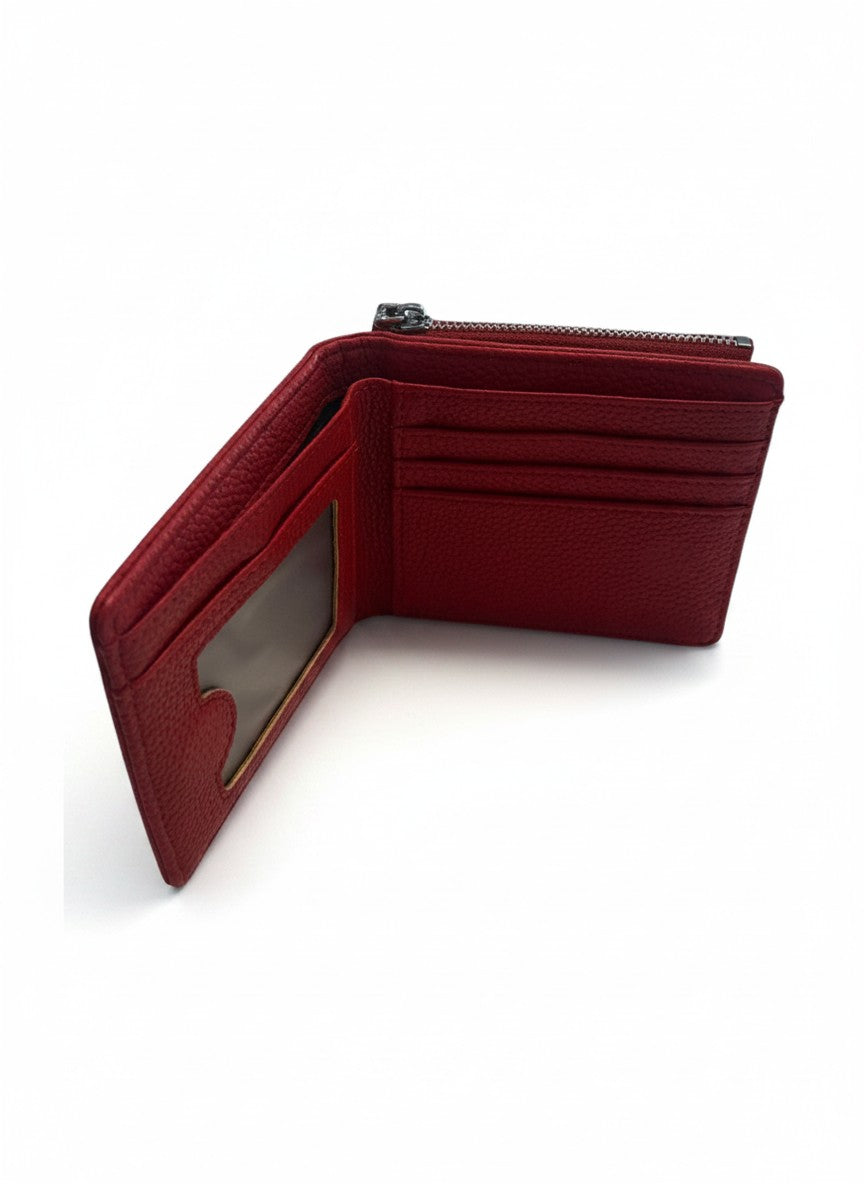 Cartera mujer color rojo con zipper plateado, textura pebble y ranuras para tarjetas – DALALI