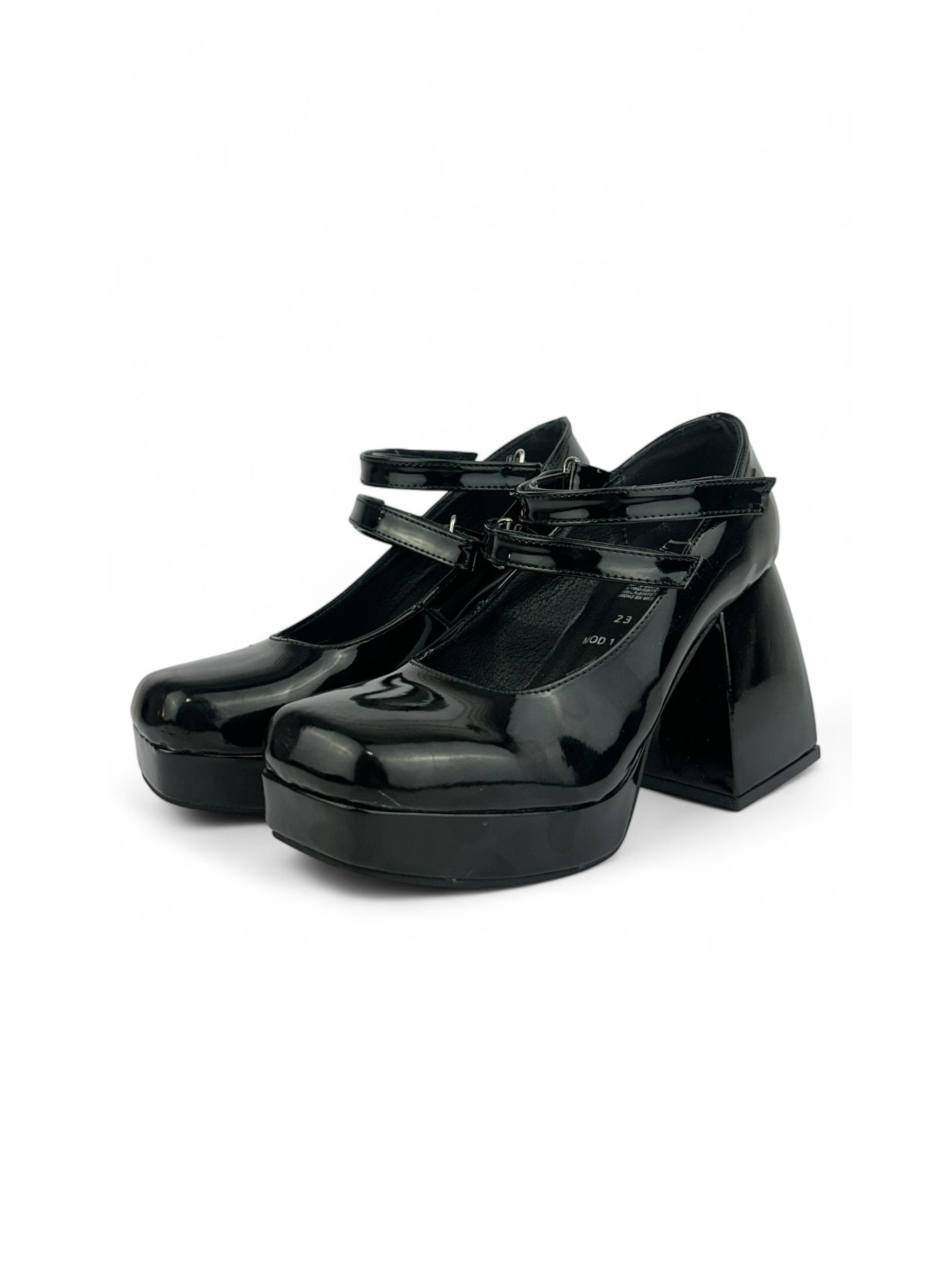 Zapatilla de diseño clásico estilo Mary Jane con doble correa de velcro y tacón tipo bloque. negro
