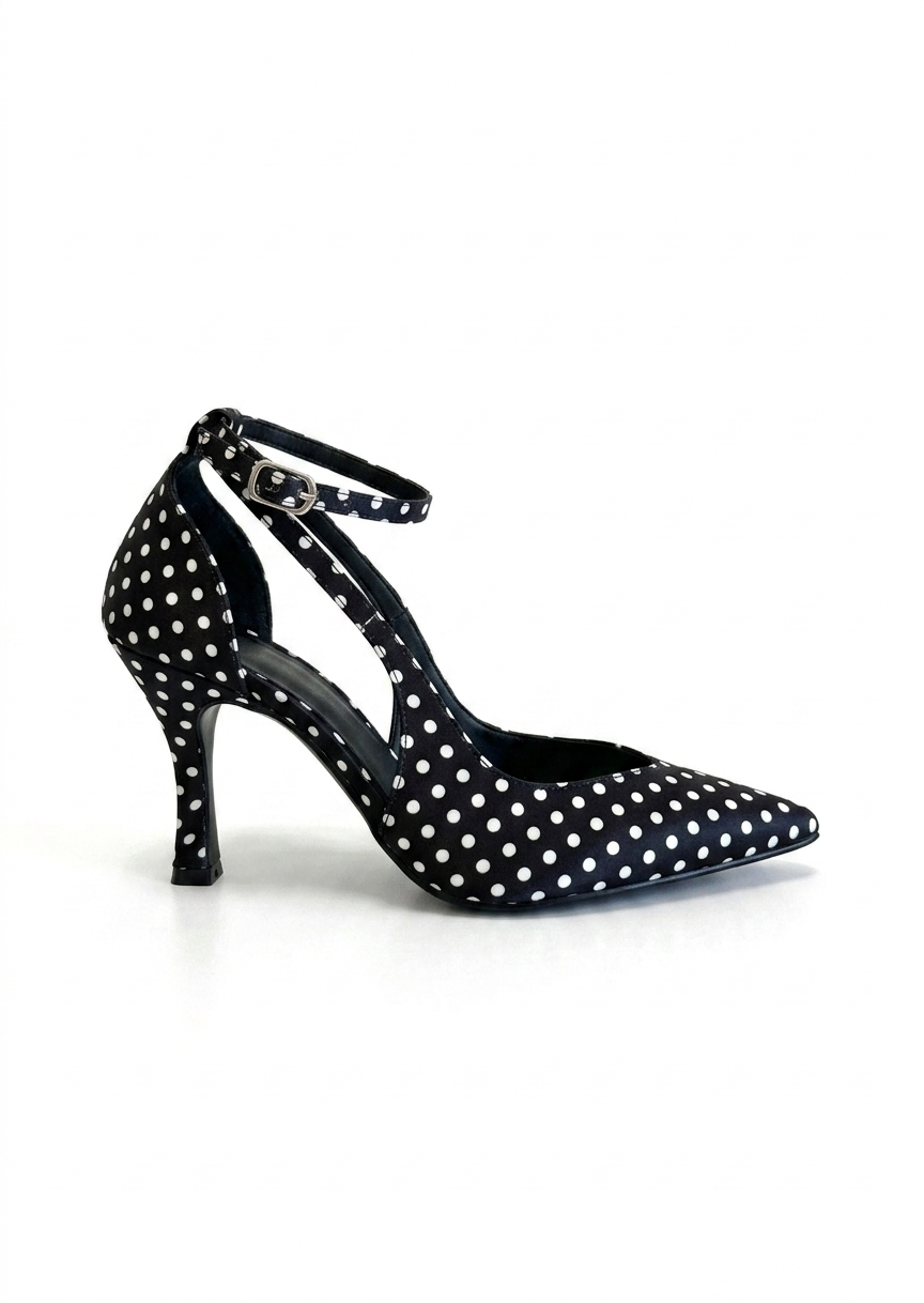 Zapatilla de tacón aguja polka dots negro con blanco,  correa al tobillo y punta fina — DALALI 