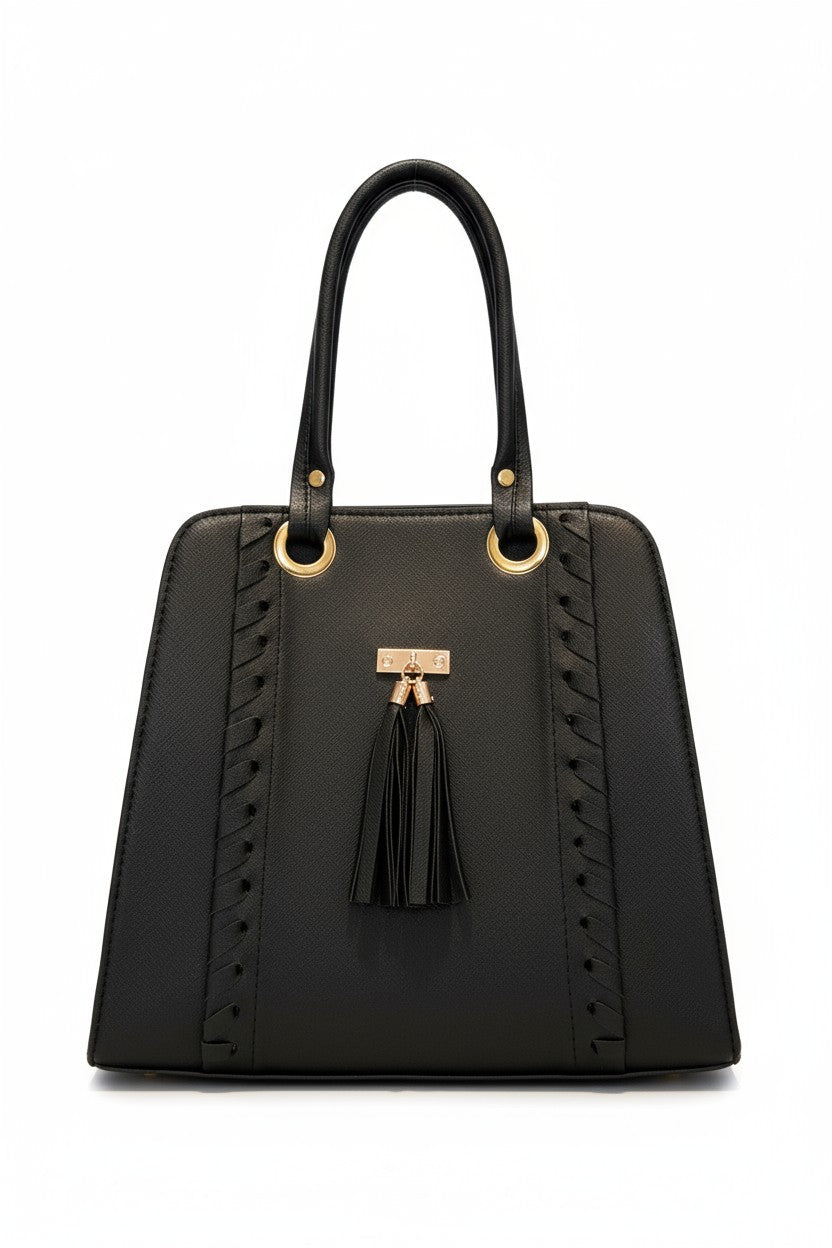 LUZ – Bolsa estructurada con borlas y aros dorados