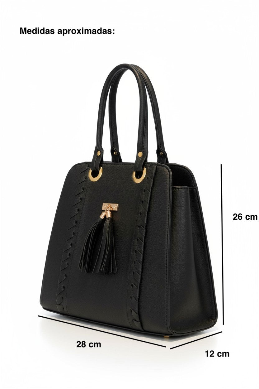 LUZ – Bolsa estructurada con borlas y aros dorados