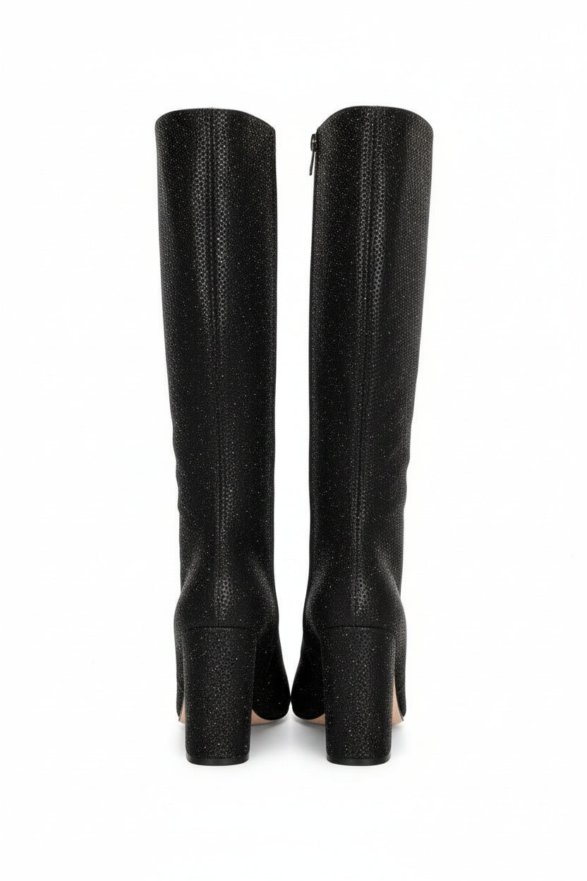 GALA - Bota negra alta a la rodilla de diseño brillosa  y tacón cuadrado