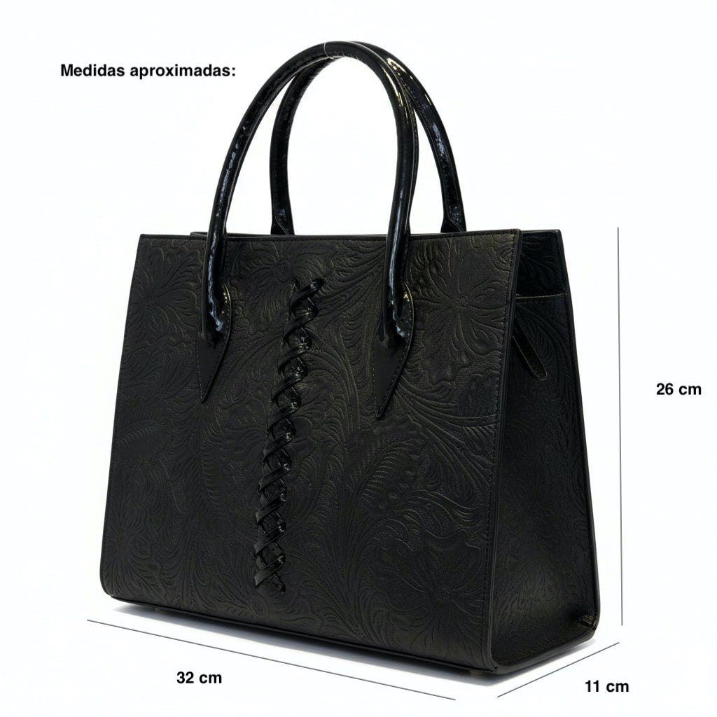 NAUPLIA - Bolsa estructurada de gran capacidad con doble asa fija y grabado floral