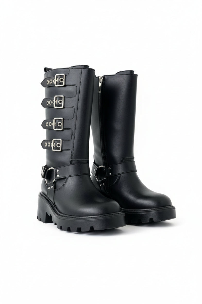 AXIS -  Bota planas de media caña estilo biker con hebillas laterales y suela robusta