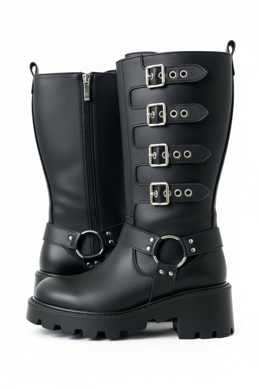 AXIS -  Bota planas de media caña estilo biker con hebillas laterales y suela robusta