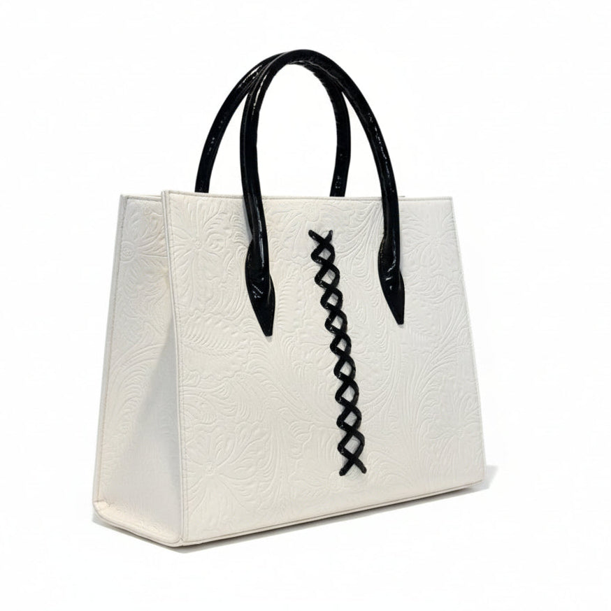 NAUPLIA - Bolsa estructurada de gran capacidad con doble asa fija y grabado floral