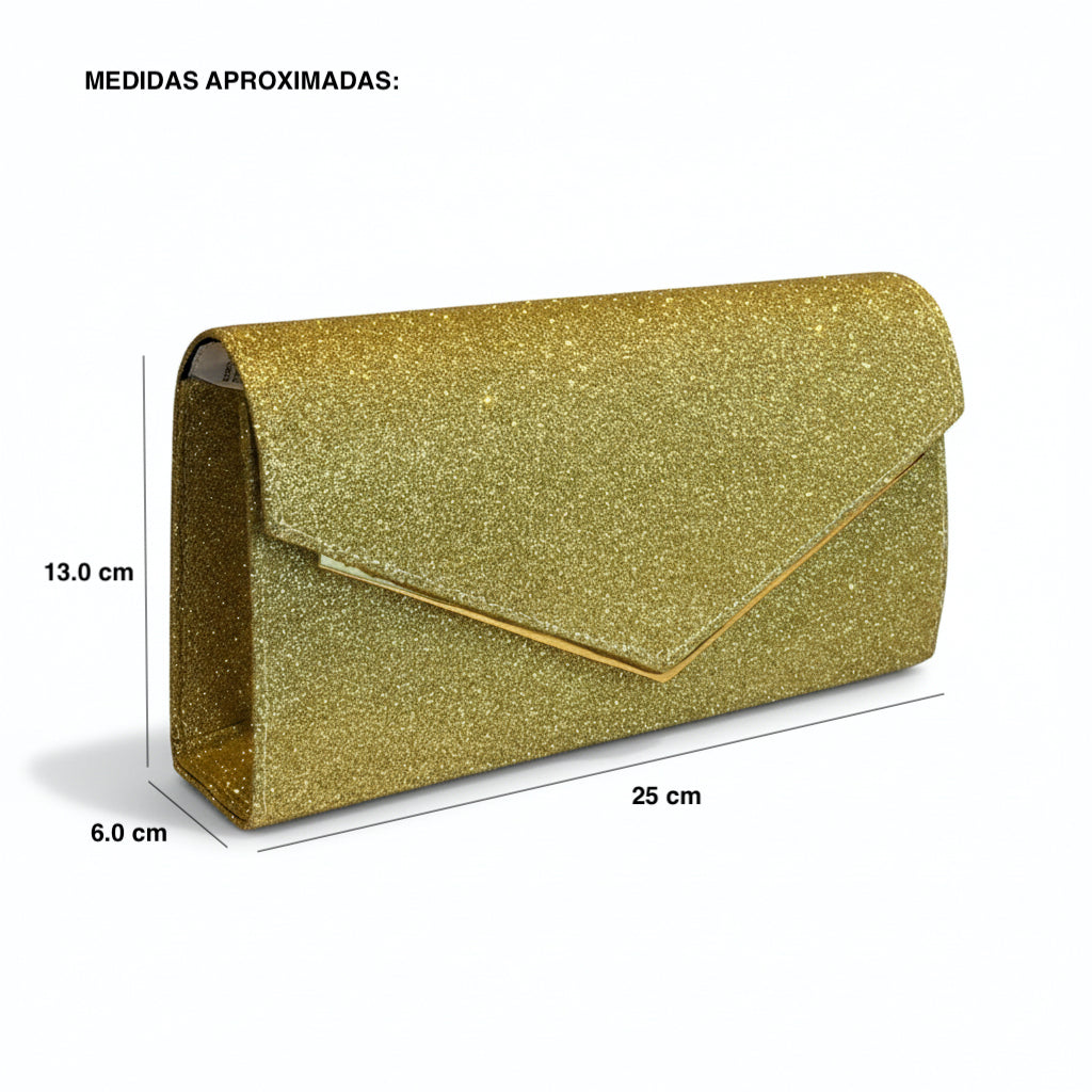 ARGOS - Bolso de mano tipo clutch formal de glitter dorado con cadena