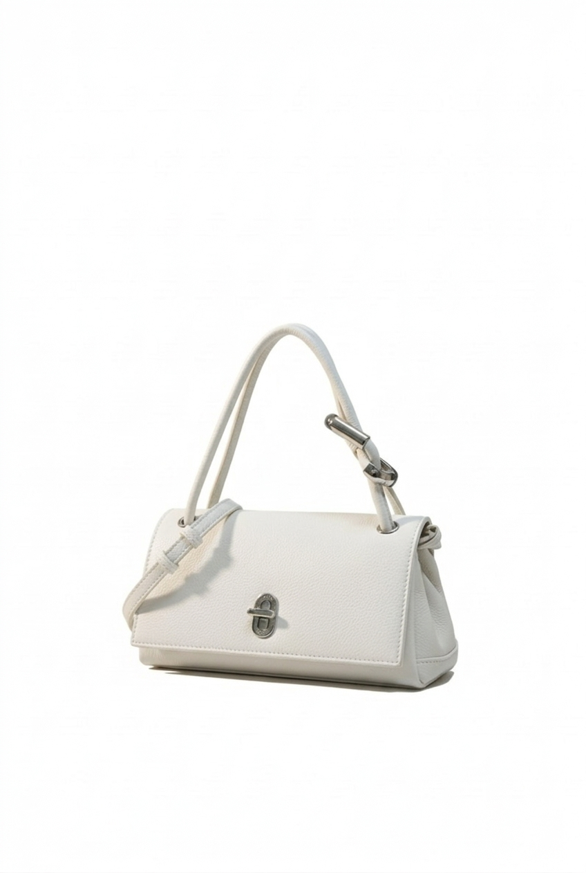 Mini bolsa de mano blanco east-west con solapa y broche giratorio plateado – DALALI